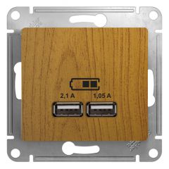  Schneider Electric GLOSSA USB РОЗЕТКА A+A, 5В/2,1 А, 2х5В/1,05 А, механизм, ДЕРЕВО ДУБ