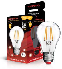 Лампа светодиодная Supra SL-LED-FL-A60-5W/3000/E27 серия Филамент А60, мощность 5 ватт, теплый свет, цоколь Е27