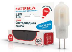 Лампа светодиодная Supra SL-LED-PL-220V-2.5W/4000/G4 капсульная, мощность 2.5 Вт, холодный свет, напряжение 220В, цоколь G4