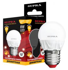 Лампа светодиодная Supra SL-LED-G45-8W/2700/E27-D ДИММИРУЕМАЯ, Тип G45, Мощность 8Вт, Теплый свет, Цоколь Е27