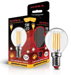 Лампа светодиодная Supra SL-LED-FL-P45-5W/3000/E14-D серия Филамент G45, ДИММИРУЕМАЯ, мощность 5 ватт, теплый свет, цоколь Е14