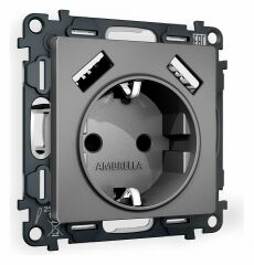 Розетка с заземлением и со шторкой и 2хUSB type A, без рамки Ambrella Volt Quant MA659010