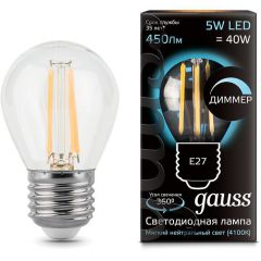  Gauss Лампа светодиодная диммируемая филаментная E27 5W 4100К прозрачная 105802205-D