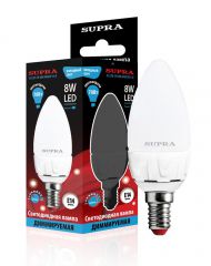 Лампа светодиодная Supra SL-LED-CN-8W/4000/E14-D ДИММИРУЕМАЯ, Тип СВЕЧА, Мощность 8Вт, Холодный свет, Цоколь Е14