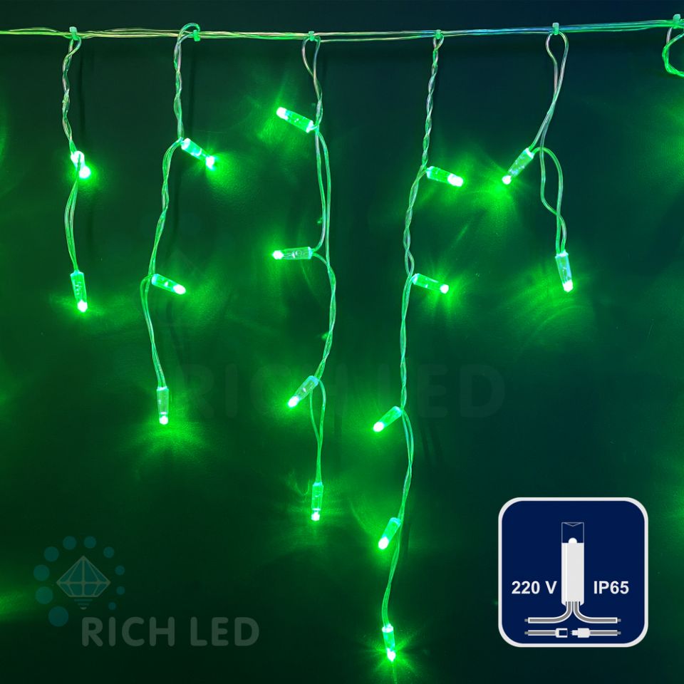 Гирлянда Rich LED Бахрома 3*0.5 м, колпачок, ЗЕЛЕНЫЙ, прозрачный провод