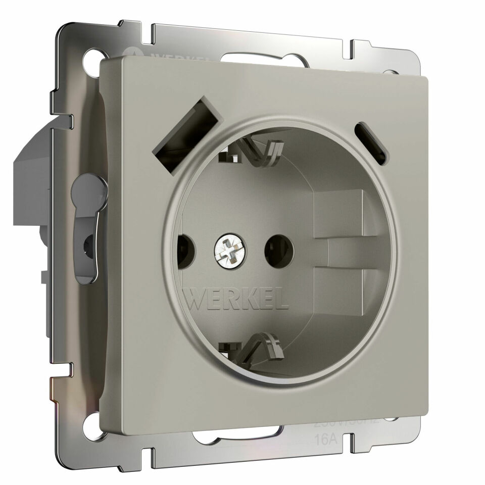  Werkel W1271704/ Розетка с заземлением, шторками и USB тип A+C (дымчатый) W1271704