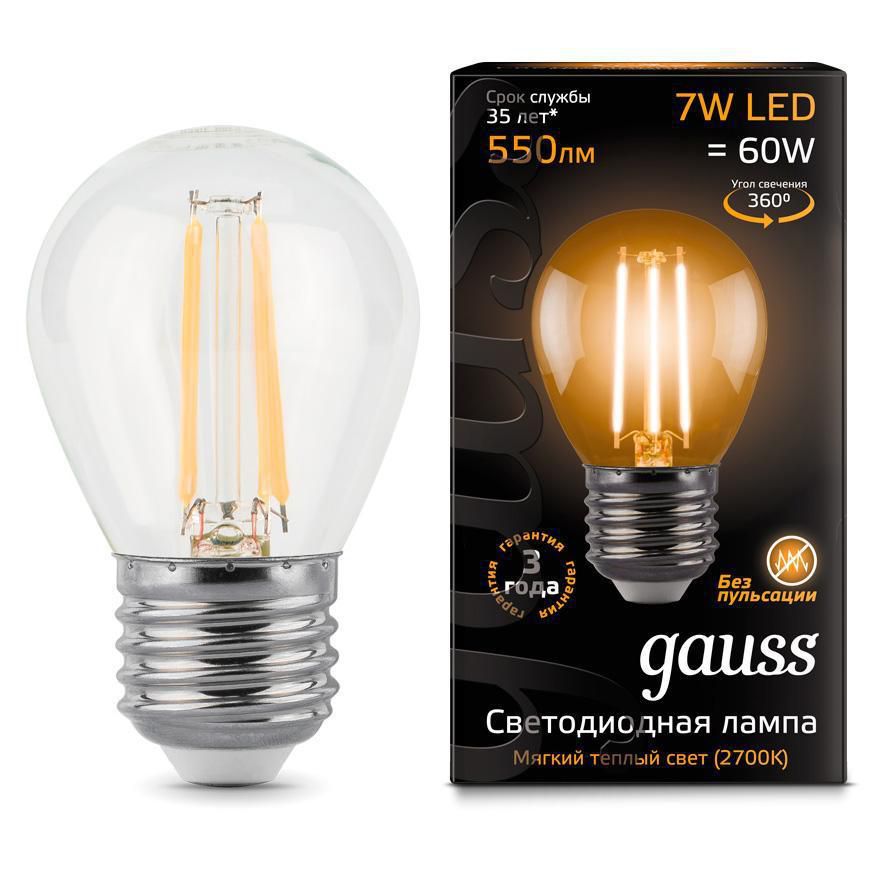  Gauss Лампа светодиодная филаментная E27 7W 2700К прозрачная 105802107