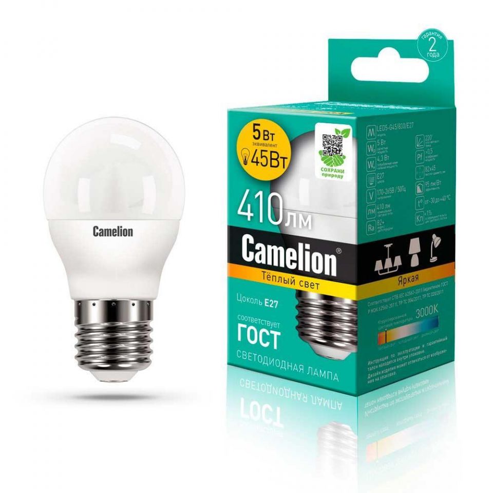 Лампа светодиодная Camelion E27 5W 3000K LED5-G45/830/E27 12028