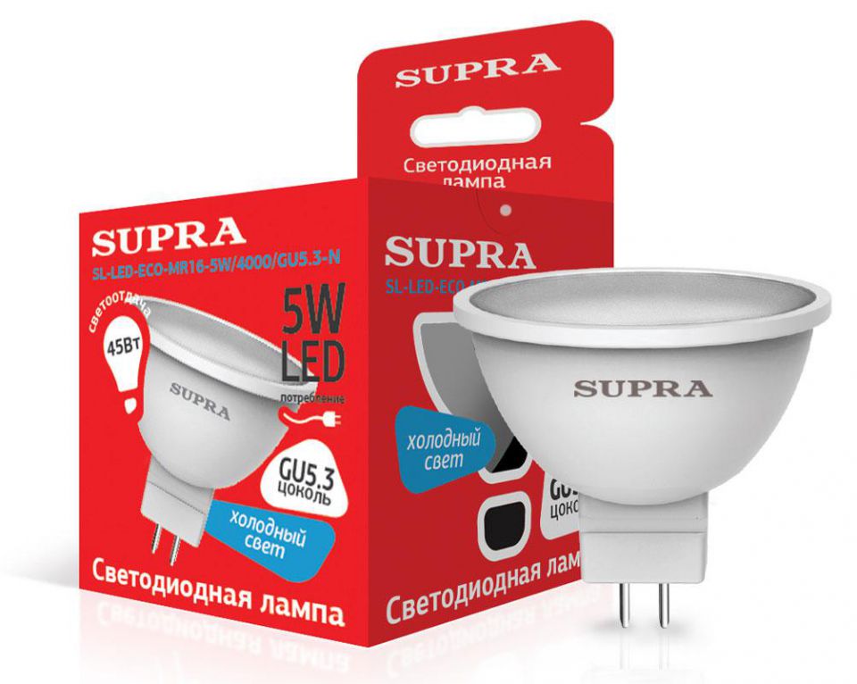 Лампа светодиодная Supra SL-LED-ECO-MR16-5W/4000/GU5.3-N Тип - MR16, мощность 5 ватт, холодный свет, цоколь GU5.3