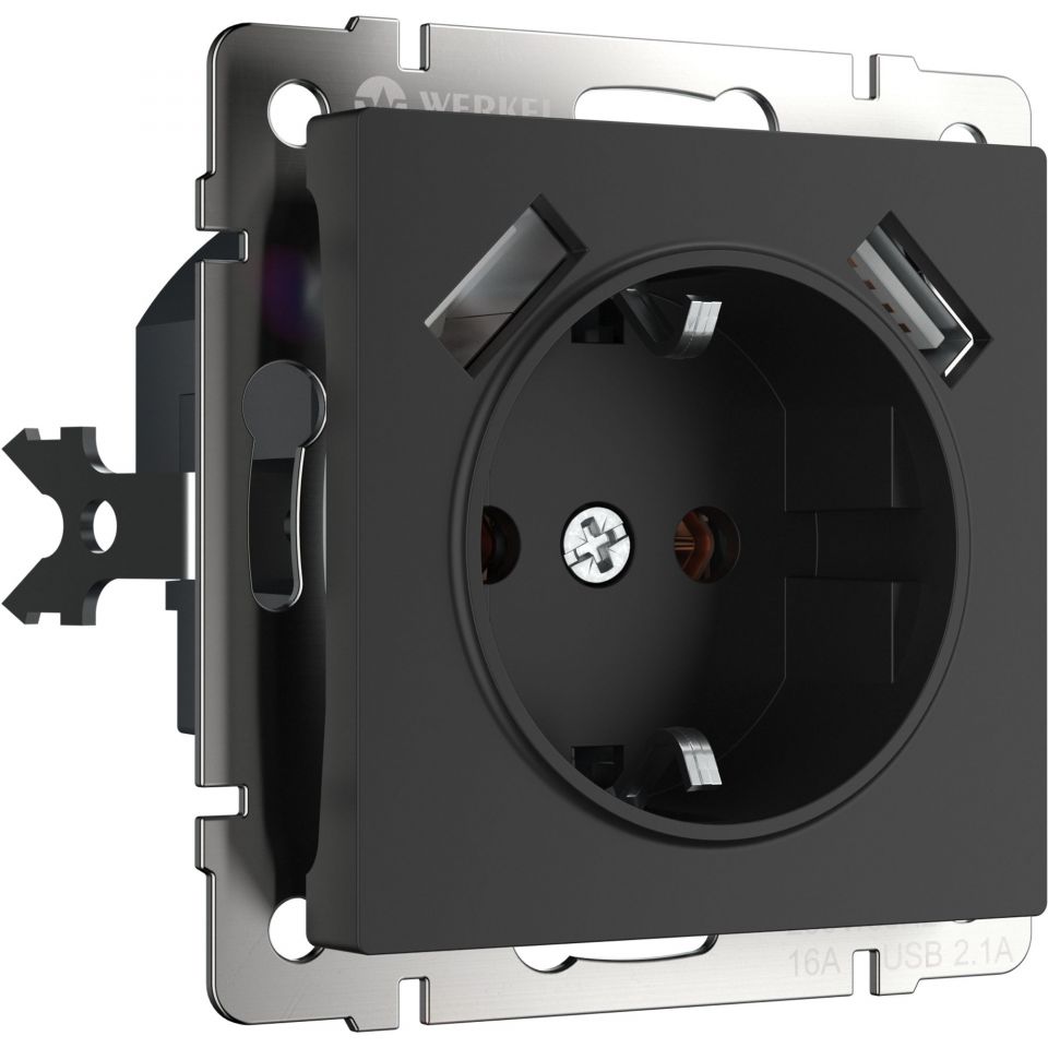  Werkel Розетка с заземлением, шторками и USBх2 (черный матовый) W1171508