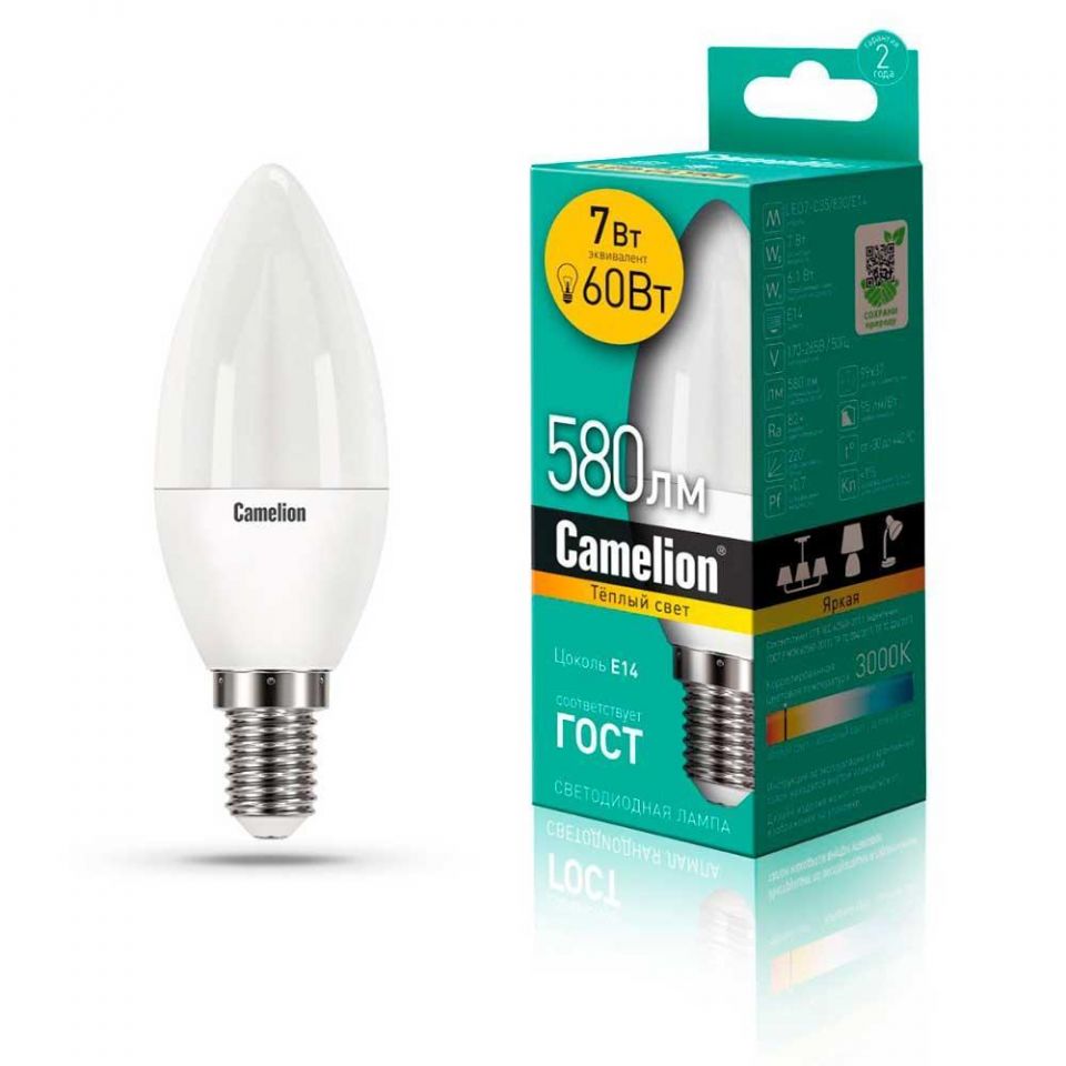 Лампа светодиодная Camelion E14 7W 3000K LED7-C35/830/E14 12073