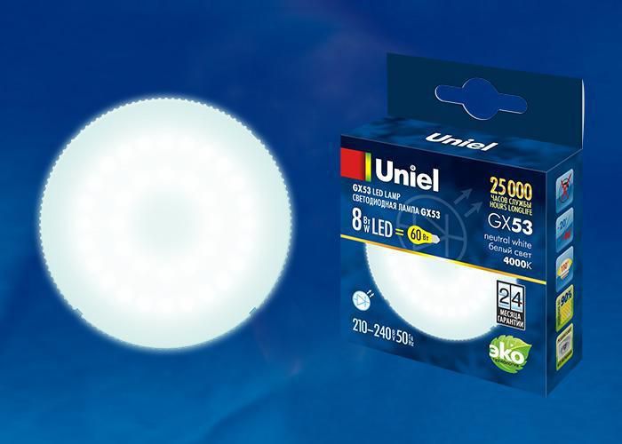 Лампа светодиодная Uniel LED-GX53-8W/NW/GX53/FR PLZ01WH