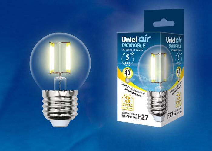 Лампа светодиодная Uniel LED-G45-5W/WW/E27/CL/DIM GLA01TR картон