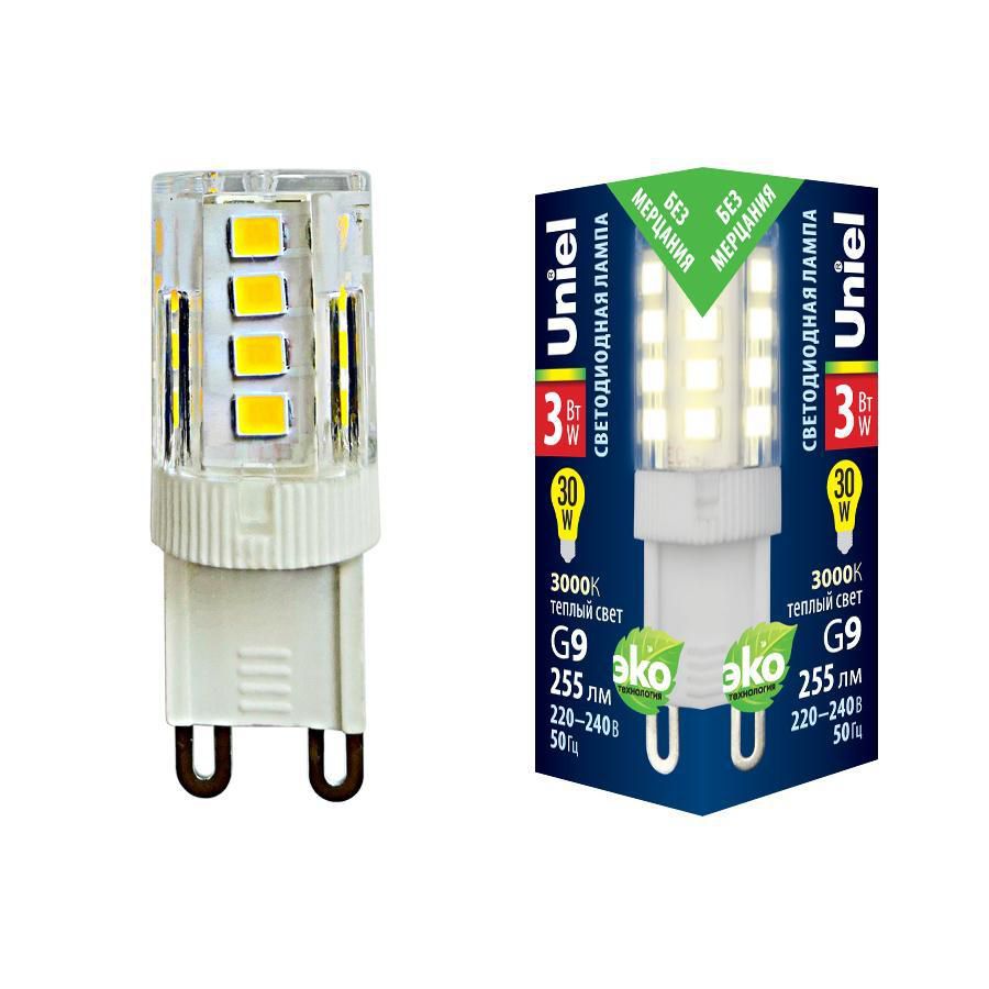Лампа светодиодная (UL-00006746) Uniel G9 3W 3000K прозрачная LED-JCD-3W/3000K/G9/CL GLZ09TR