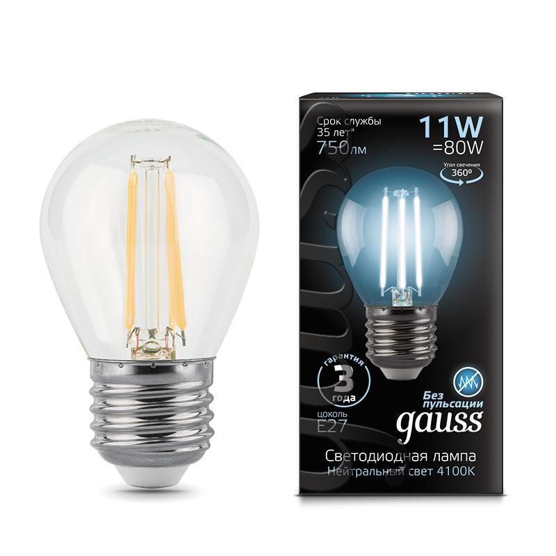  Gauss Лампа светодиодная филаментная E27 11W 4100K прозрачная 105802211
