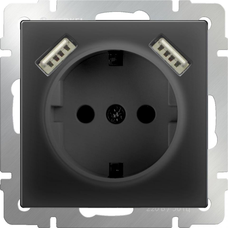  Werkel Розетка с заземлением, шторками и USBх2 (черный матовый) WL08-SKGS-USBx2-IP20