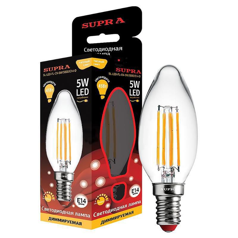 Лампа светодиодная Supra SL-LED-FL-CN-5W/3000/E14-D серия Филамент СВЕЧА, ДИММИРУЕМАЯ, мощность 5 ватт, теплый свет, цоколь Е14