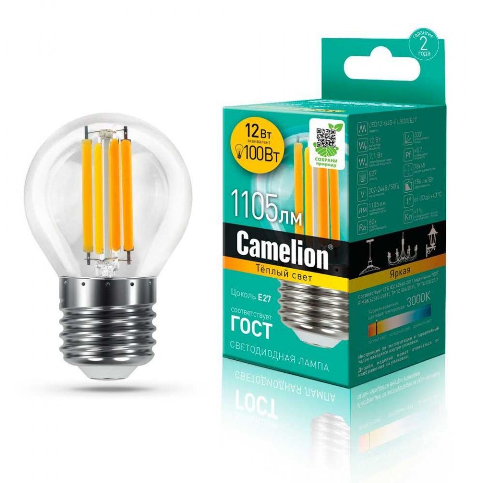 Лампа светодиодная Camelion E27 12W 3000K LED12-G45-FL/830/E27 13714
