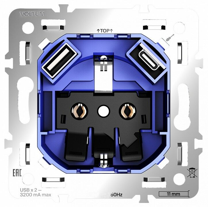 Механизм розетки с заземлением и со шторками и 2хUSB type A и C Voltum S70 VLS0405M