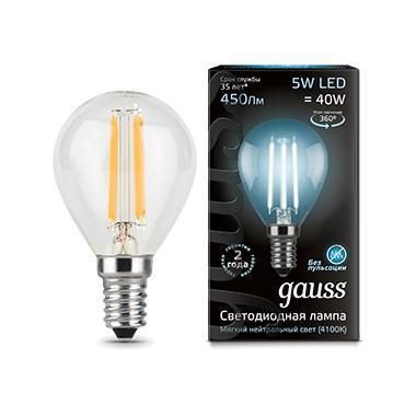  Gauss Лампа светодиодная филаментная E14 5W 4100K прозрачная 105801205