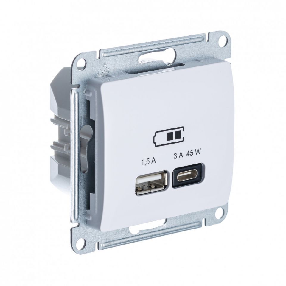  Systeme Electric GLOSSA USB РОЗЕТКА А + тип-С 45Вт высокоскорост. зарядка QC, PD, механизм, БЕЛЫЙ