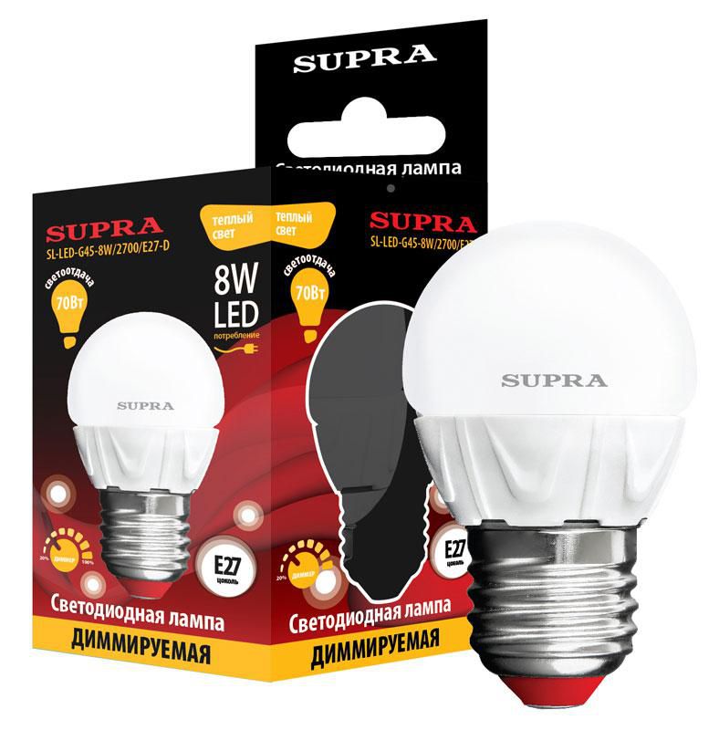 Лампа светодиодная Supra SL-LED-G45-8W/2700/E27-D ДИММИРУЕМАЯ, Тип G45, Мощность 8Вт, Теплый свет, Цоколь Е27