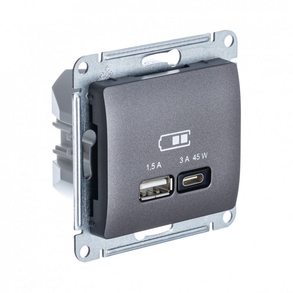  Systeme Electric GLOSSA USB РОЗЕТКА А + тип-С 45Вт высокоскор.заряд. QC, PD, механизм, ГРАФИТ