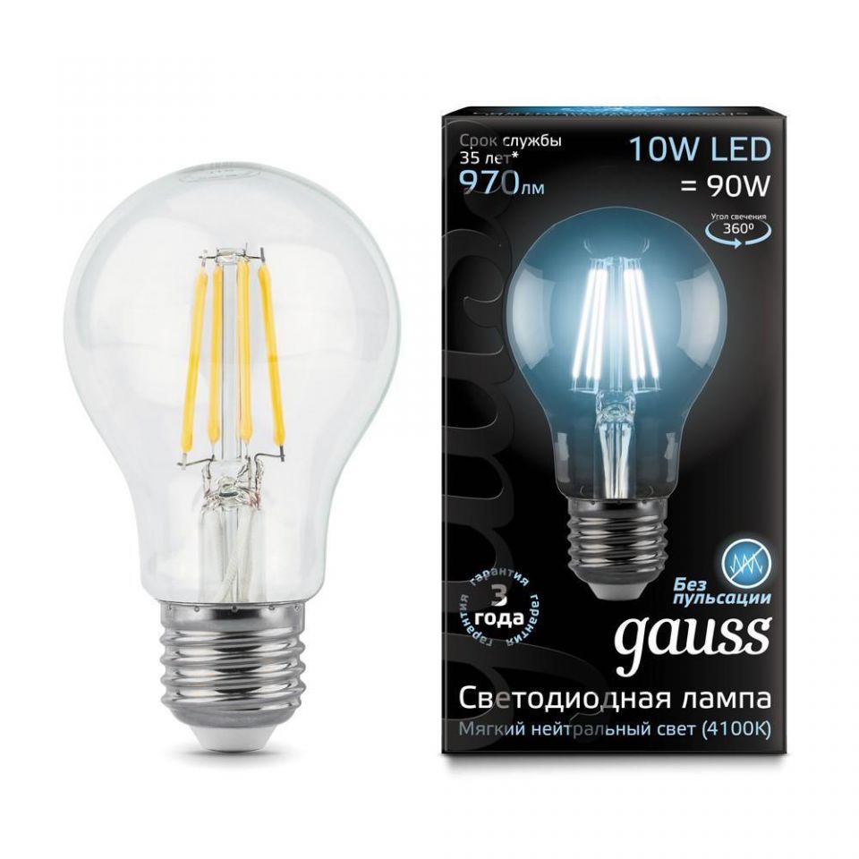  Gauss Лампа светодиодная филаментная E27 10W 4100К прозрачная 102802210
