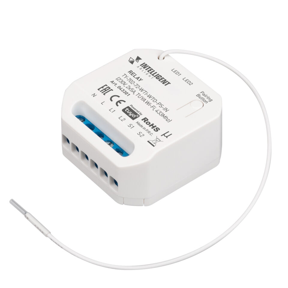 INTELLIGENT ARLIGHT Релейный модуль TY-702-72-WTI-WTO-PS-IN (230V, 2x5A, TUYA Wi-Fi, 433Mhz) ( Arlight , IP20 Пластик, 3 года)