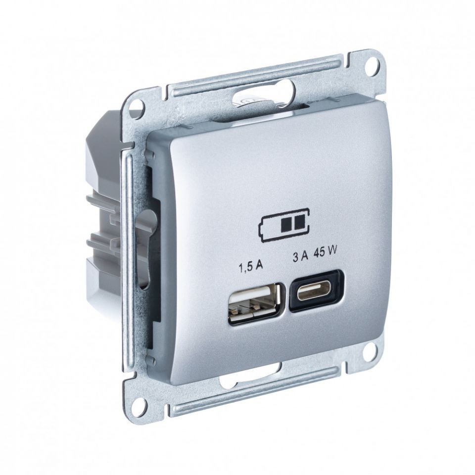  Systeme Electric GLOSSA USB РОЗЕТКА А + тип-С 45Вт высокоскор.заряд. QC, PD, механизм, АЛЮМИНИЙ