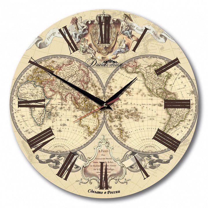  Династия Настенные часы (33x33x4 см) Карта Мира 02-005