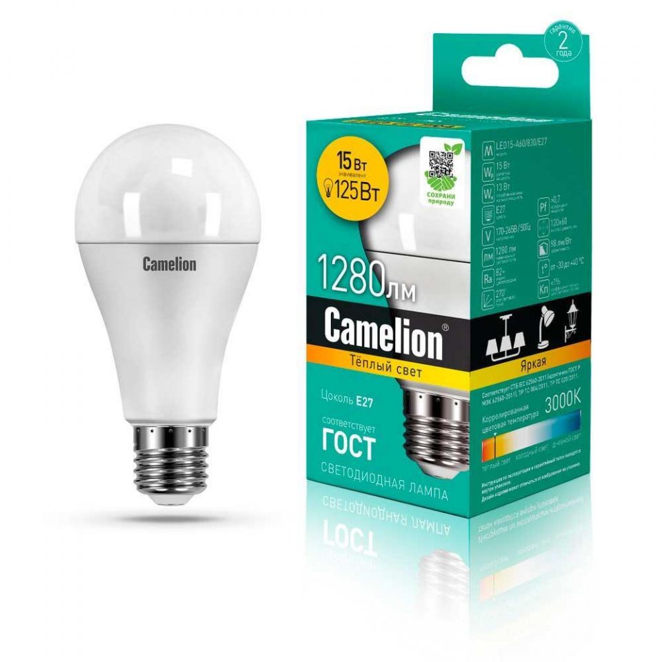 Лампа светодиодная Camelion E27 15W 3000K LED15-A60/830/E27 12185