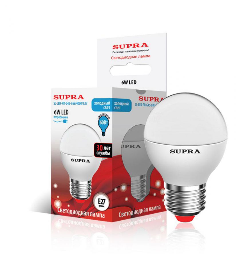 Лампа светодиодная Supra SL-LED-PR-G45-6W/4000/E27