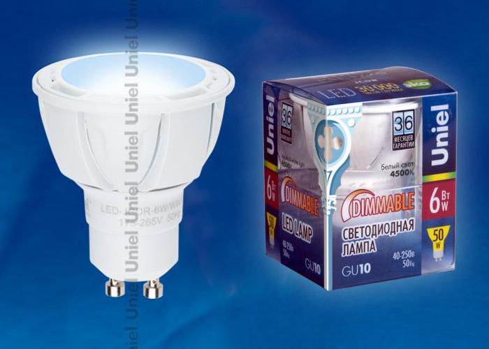 Лампа светодиодная Uniel LED-JCDR-6W/NW/GU10/FR/DIM/38D ALP01WH пластик