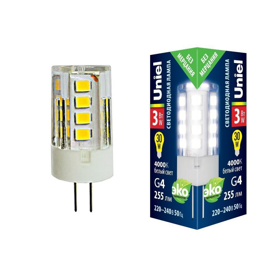 Лампа светодиодная (UL-00006743) Uniel G4 3W 4000K прозрачная LED-JC-220/3W/4000K/G4/CL GLZ09TR