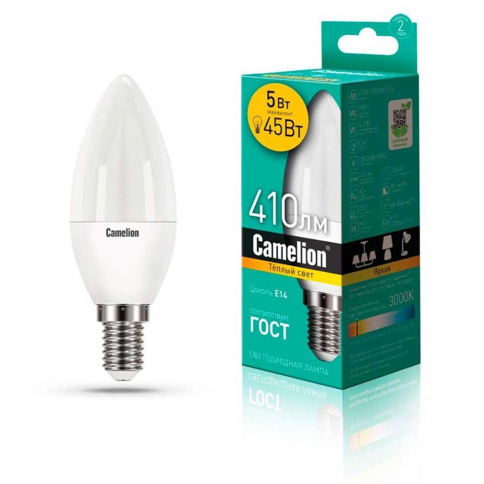 Лампа светодиодная Camelion E14 5W 3000K LED5-C35/830/E14 12031
