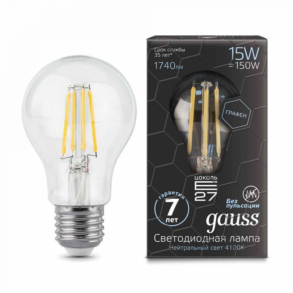  Gauss Лампа светодиодная филаментная E27 15W 4100К прозрачная 102802215