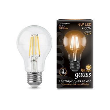  Gauss Лампа светодиодная филаментная E27 6W 2700К прозрачная 1/10/50 102802106