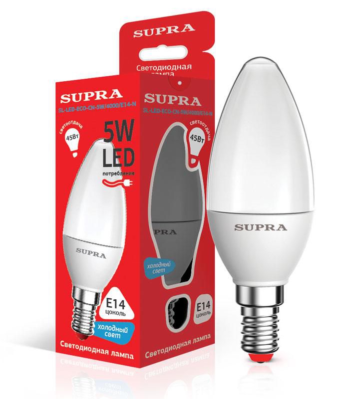 Лампа светодиодная Supra SL-LED-ECO-CN-5W/4000/E14-N Свеча, мощность 5 ватт, холодный свет, цоколь Е14