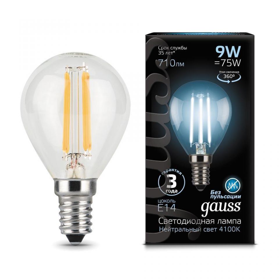  Gauss Лампа светодиодная филаментная E14 9W 4100К прозрачная 105801209