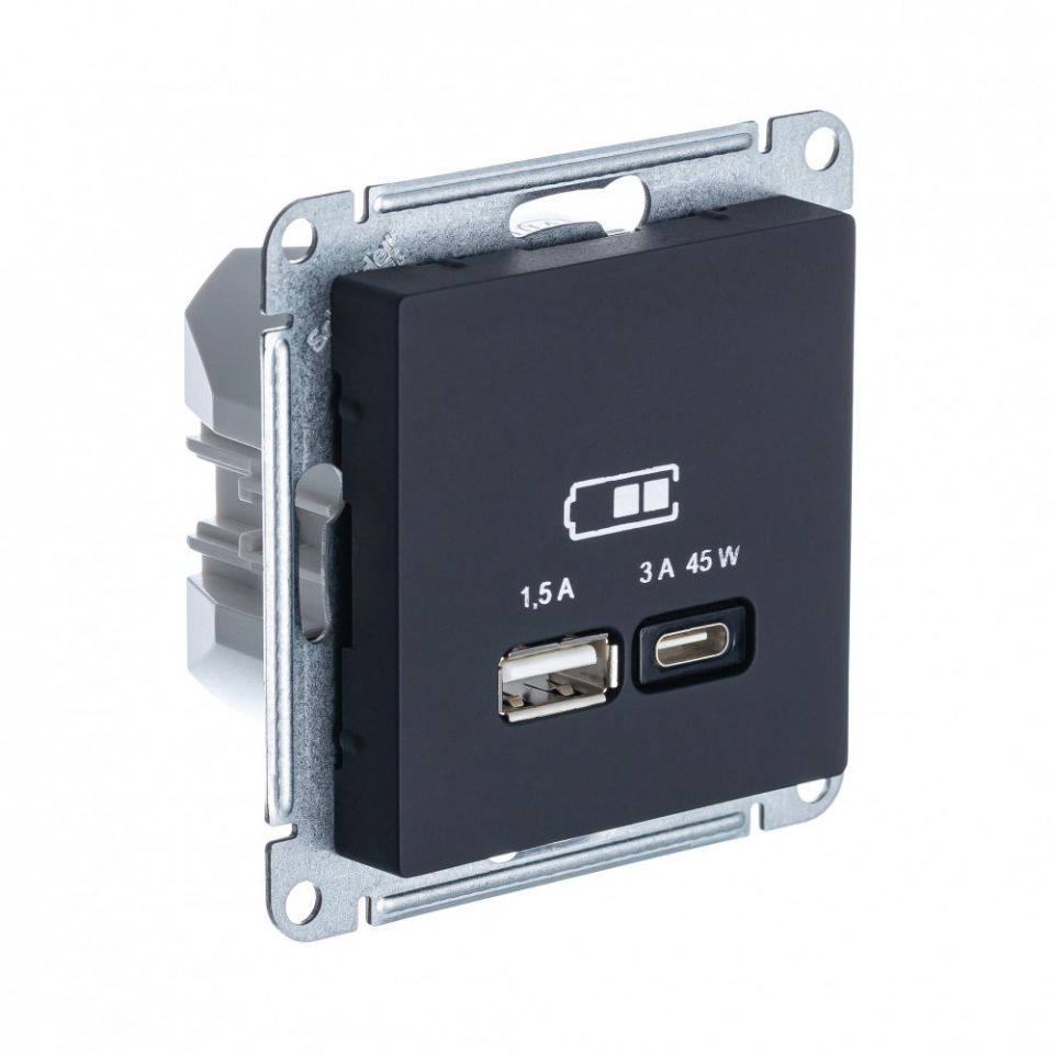 Systeme Electric ATLASDESIGN USB РОЗЕТКА A + тип-C 45Вт высокоскор.заряд. QC, PD, мех., КАРБОН