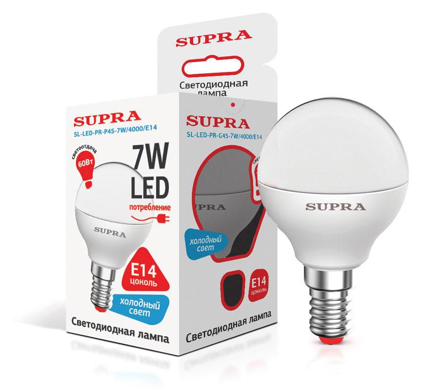 Лампа светодиодная Supra SL-LED-PR-P45-7W/4000/E14 Шар-мини, мощность 7 Вт, холодный свет, цоколь Е14