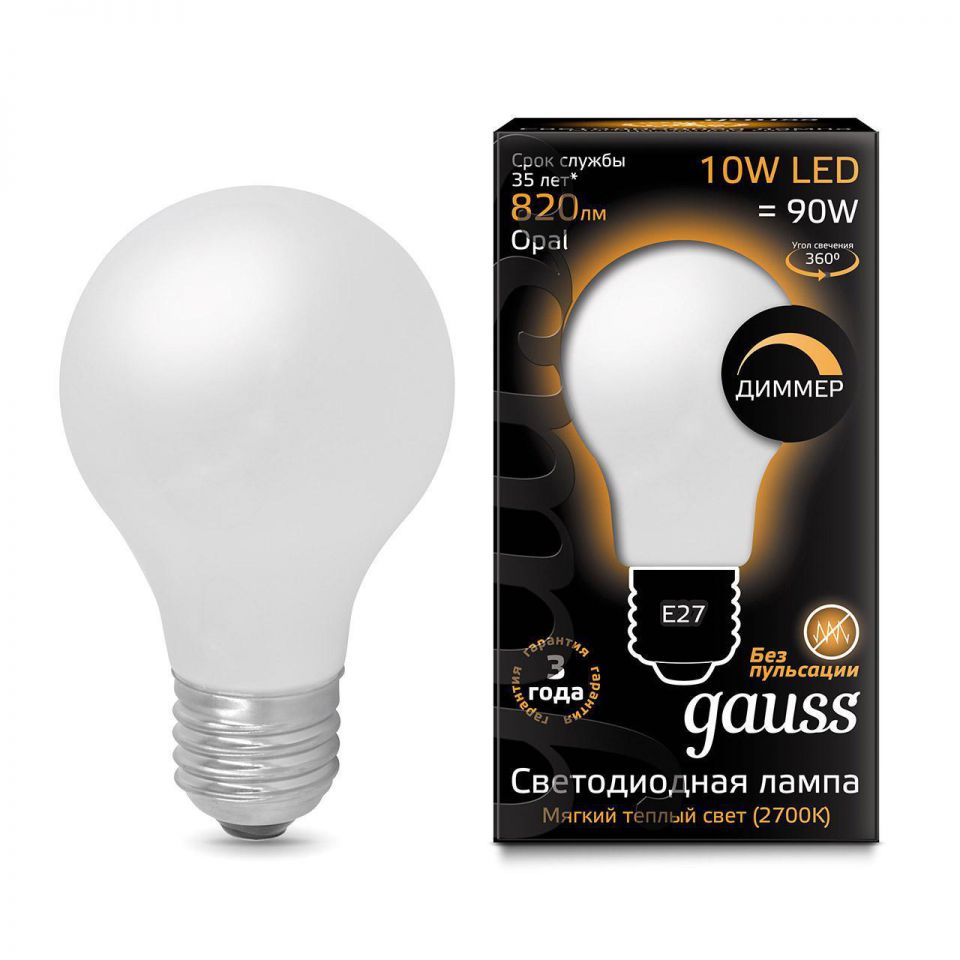  Gauss Лампа светодиодная диммируемая филаментная E27 10W 2700К матовая 102202110-D