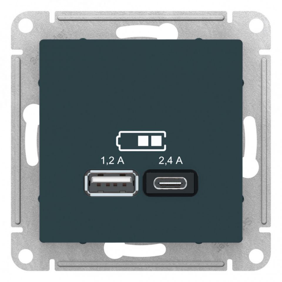  Systeme Electric ATLASDESIGN USB РОЗЕТКА A+С, 5В/2,4 А, 2х5В/1,2 А, механизм, ИЗУМРУД