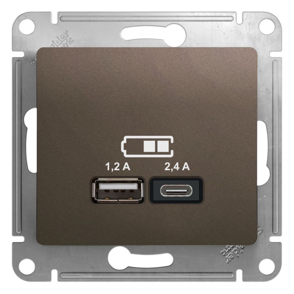  Schneider Electric GLOSSA USB РОЗЕТКА A+С, 5В/2,4А, 2х5В/1,2 А, механизм, ШОКОЛАД