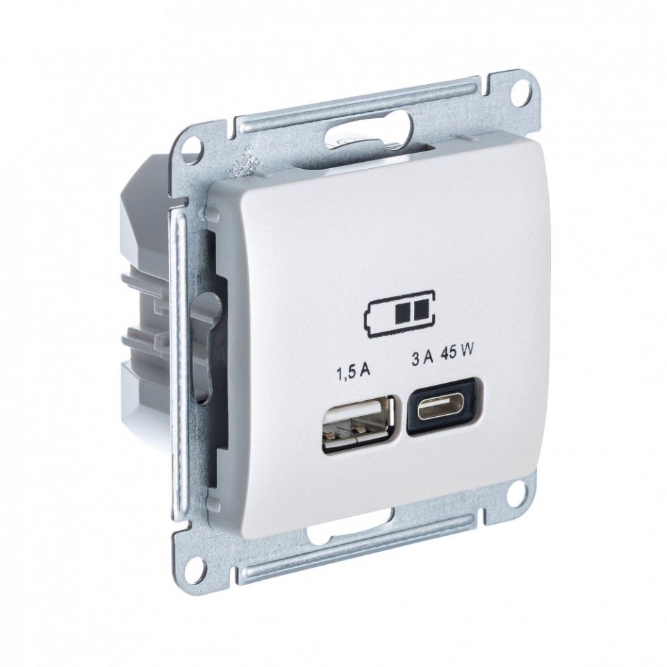  Systeme Electric GLOSSA USB РОЗЕТКА А + тип-С 45Вт высокоскор.заряд. QC, PD, механизм, ПЕРЛАМУТР