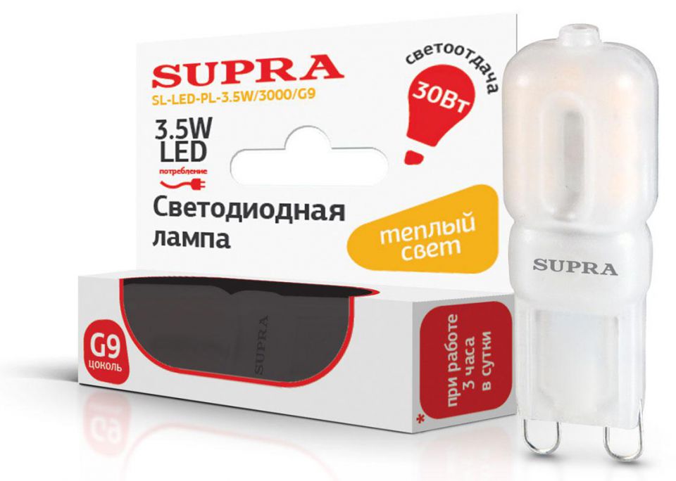 Лампа светодиодная Supra SL-LED-PL-3.5W/3000/G9 капсульная, мощность 3.5Вт, теплый свет, напряжение 220В, цоколь G9